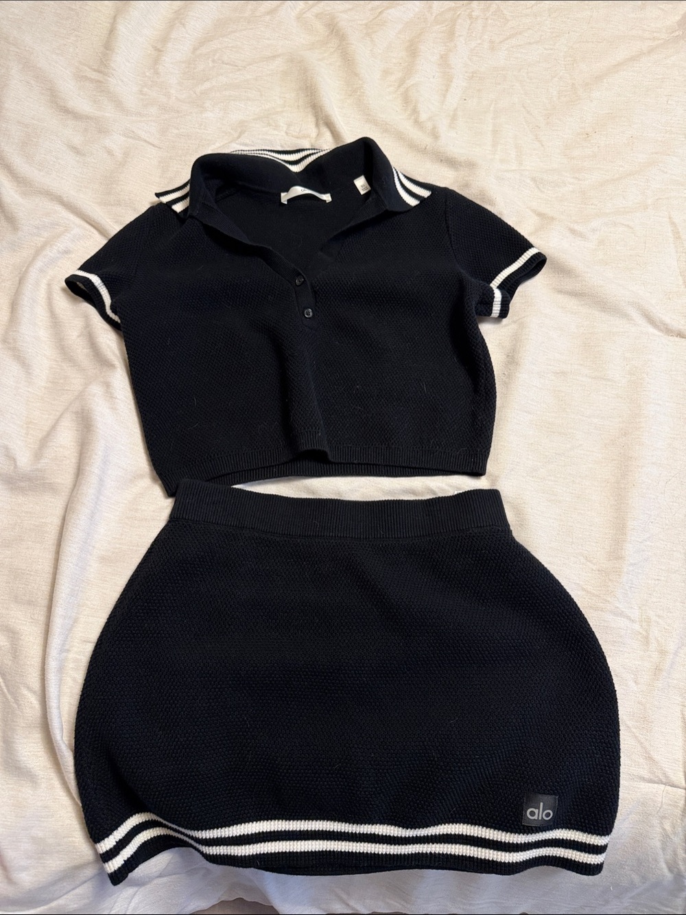 ALO Yoga Black Knit Two-Piece Polo Crop Top & Mini Skirt with White Trim